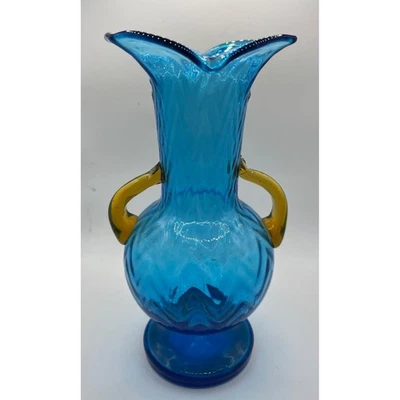 Vintage Empoli Blue Glass Vase with Yellow Handles Ornate Accent Decor - Image 1 of 4