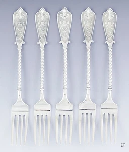 Antik 1879 feines Set 5 David Andersen norwegische Silber 9" Tafelgabeln - Bild 1 von 4