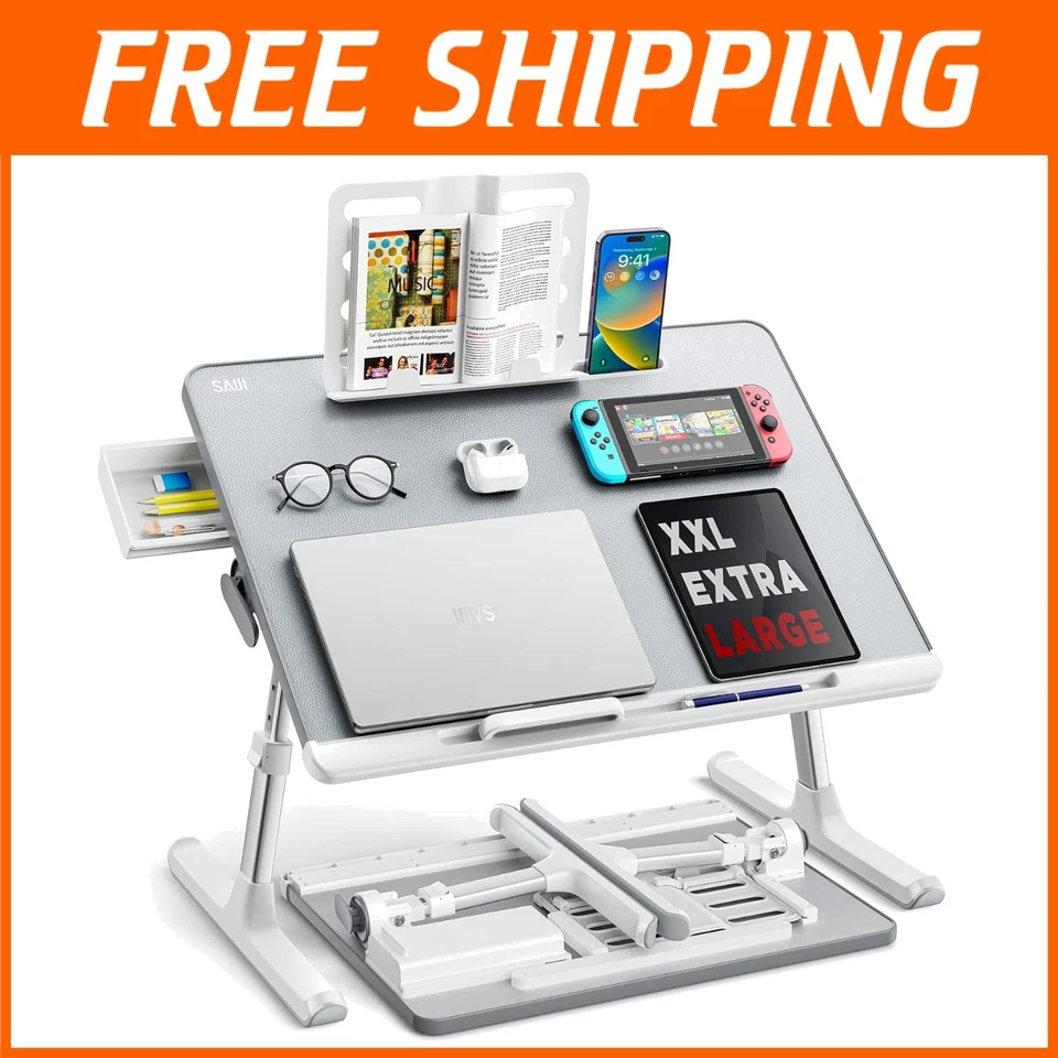 Premium Adjustable Lapdesk with Storage Drawer & Book Stand - Light Gray 60x45cm - Image 1 of 4