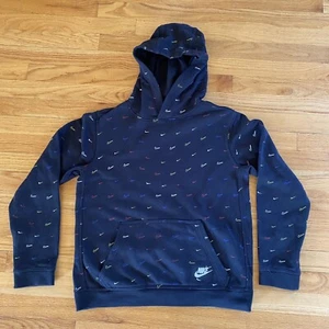 Nike Youth XL Black Club Pullover All Over Swoosh Print Logo Hoodie Sweatshirt - Picture 1 of 8