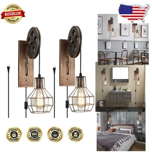 Stylish Plug-in Wall Sconce Pair in Red Bronze - Rustic Indoor Lighting Solution - Picture 1 of 11