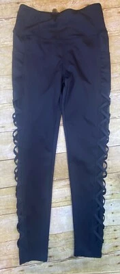 Juniors Size Medium Black Cross Detail Mesh Accent Black Leggings *read* - Image 1 of 4
