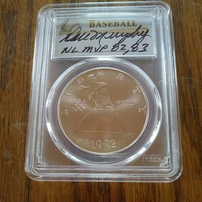 1992-D PCGS MS69 Olympic BASEBALL Silver Dollar HAND SIGNED DALE MURPHY -LOW POP - Image 1 of 2