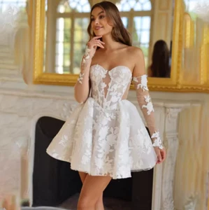 Popular Detachable Full Sleeves Sweetheart Full lace Applique Bridal Grown - Picture 1 of 14