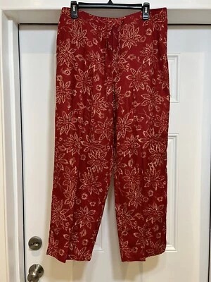 Calça feminina Emma James vermelha floral zíper bolsos pernas largas linho tamanho 14 - Imagem 1 de 4