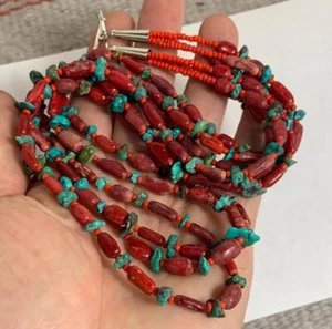 Collar pepita étnico tri hebras coral/turquesa 25" (w174i-w2) - Imagen 1 de 2