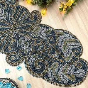 Handmade table runner, beaded table runner, Firozi Blue / Turquoise and gold - Picture 1 of 5