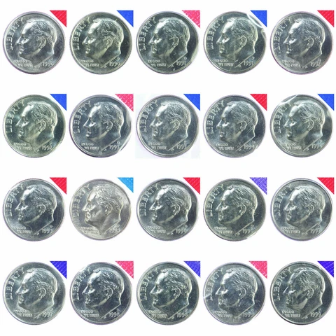 1990-1999 P + D Roosevelt Dimes BU in Mint Cello Decade Set 20 US Coins Cover