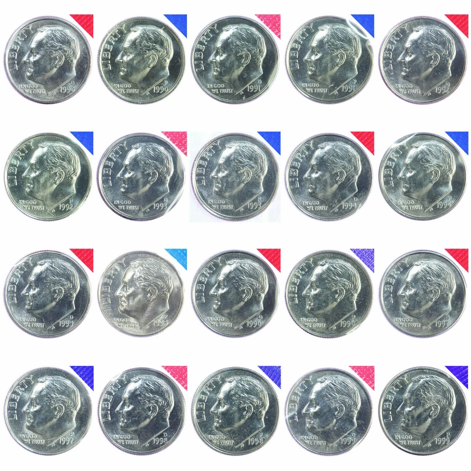 1990-1999 P + D Roosevelt Dimes BU in Mint Cello Decade Set 20 US Coins - Image 1 of 2