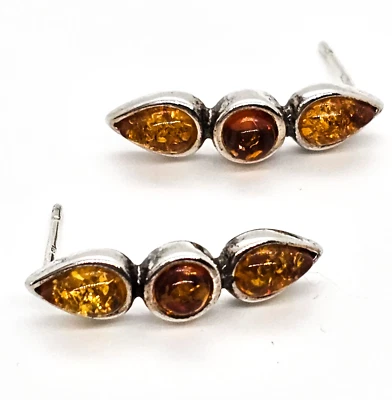 Brincos âmbar três pedras semi argola prata esterlina comprimida âmbar - Imagem 1 de 4