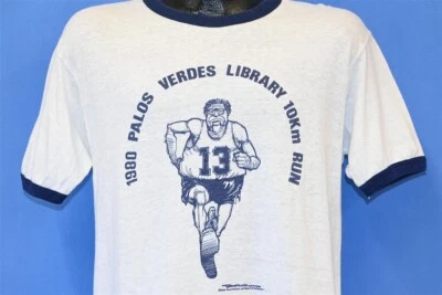 vtg 80s PALOS VERDES LIBRARY 10 KM RUN 1980 PAUL CONRAD RINGER t-shirt LARGE L - Image 1 of 4