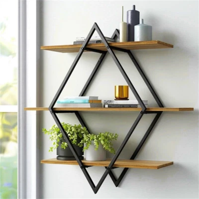 Floating Wall Mounted Display Shelf 3 Tiered Wooden Shelves Black Frame Shelving - Image 1 of 4