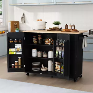 Kitchen Island With Storage Rolling On Wheel With Drop-Leaf Bar Countertop Black - Picture 1 of 7