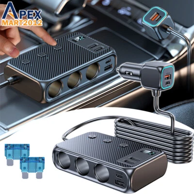 9in1 Car Cigarette Lighter Socket Splitter USB C Plug Fast Charging 3Way Adapter - Image 1 of 4