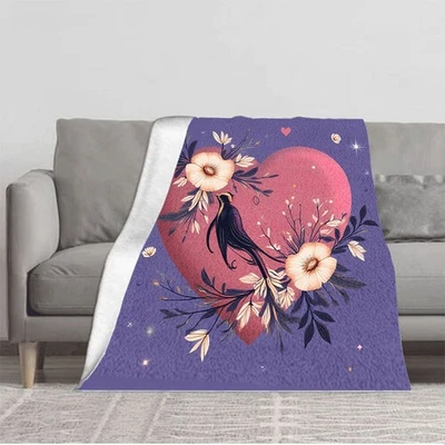Durable Soft  Warm Flannel Blanket - Heart - Shaped Floral Design in Pink Purple - Image 1 of 4