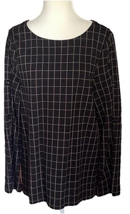 J JILL PONTE KNIT BLACK TAN TOP WINDOWPANE PLAID LONG SLEEVE BUTTON DETAIL SZ LG - Picture 1 of 3
