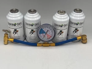 Refrigerante de repuesto Envirosafe R134a, 4 latas con medidor de latón - Imagen 1 de 3