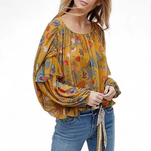 Free People Wild Flower Honey Gold Oversized Top Floral Balloon Sleeve Lined Med - Picture 1 of 9