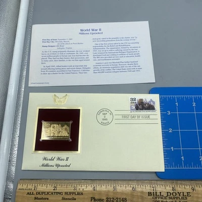 World War II 22kt Gold Stamps First Day of Issue 32 Cent MILLIONS UPROOTED - Image 1 of 4