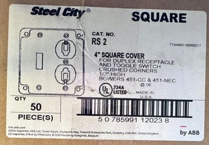 (Box of 50) Square 4" Work Cover Toggle Switch Duplex Receptacle RS2 1/2" High - Picture 1 of 3