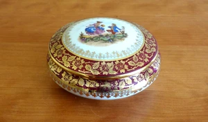 Vintage Limoges France Burgundy Gold Trim Round Shape Trinket Box "The Proposal" - Picture 1 of 7