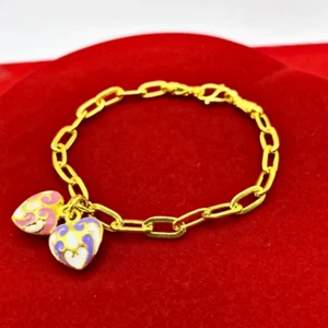 Bracelet Chain Double Heart Pendant 23k 24k Thai Baht Gold Plated Jewelry Women - Picture 1 of 6