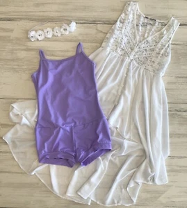 Balera Mädchen Tanzkostüm Knopfleiste Chiffon Überkleid mit Lavendel Biketard - Bild 1 von 24