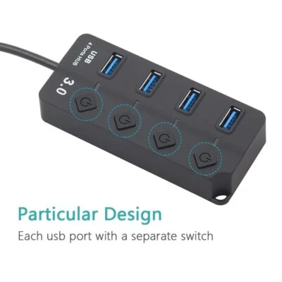 USB 3.0 2.0 Hub USB Splitter Adapter  Multi-Port Independent Power Switch4 Port - Image 1 of 4