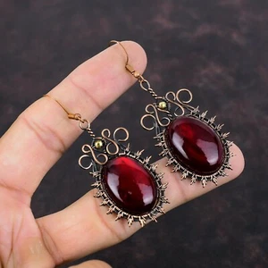 "Pendientes colgantes de cobre envueltos en alambre de labradorita rojo fuego 2,68" - Imagen 1 de 6