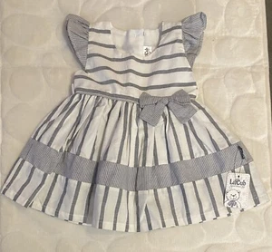 BNWT Girls Sz 6-9mth Lil Cub Grey Striped Fully Lined Summer Dress - Picture 1 of 4