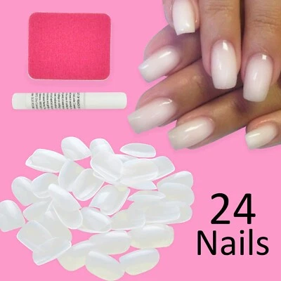 PEBBLE ELEVEN NAIL TIPS, GLUE & FILE SET Clear White Square Fake False Artificial Manicure Kit