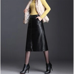 Ladies Faux Leather PU Skirt Half Dress High Waist Zip Bodycon Midi Black Daily - Picture 1 of 18