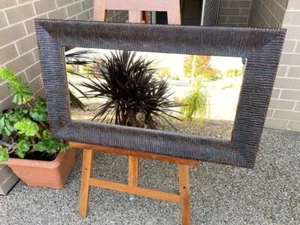 Ribbed Aged Bronze Rustic Timber Frame Wall Mirror 87x50cm - Picture 1 of 4