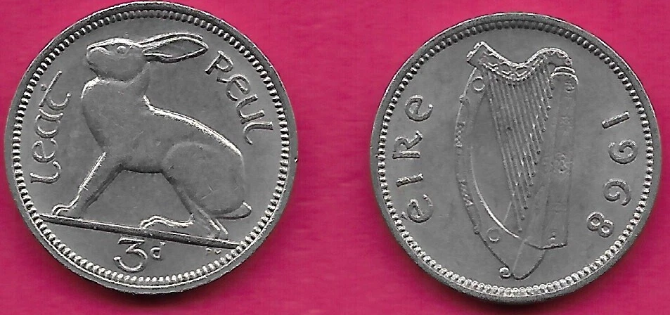IRELAND 1/2 REUL/3 PINGINE 3 PENCE 1968 VF CLAIRSEACH OR GAELIC HARP WITH COUNTR - Image 1 of 1