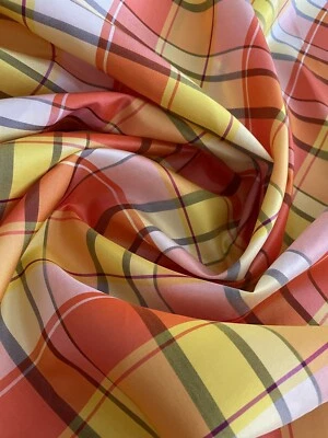 Silk Fabric Yellow Orange  Large Checked Pattern Vintage Elegant Taffeta Vintage - Image 1 of 3