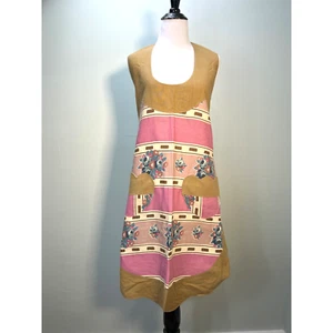 Vintage Barkcloth and Linen Full Apron Pink Tan Pockets Scalloped Edges 50s - Picture 1 of 9