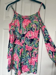Lilly Pulitzer EUC Girls Mini Flamingo Cold Shoulder romper Size XL 12-14 - Picture 1 of 4