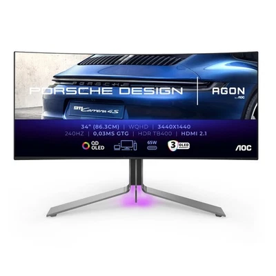 AOC AGON 34" Porsche PD34 Curved WQHD 240Hz Adaptive Sync QD-OLED Gaming Monitor - Image 1 of 4