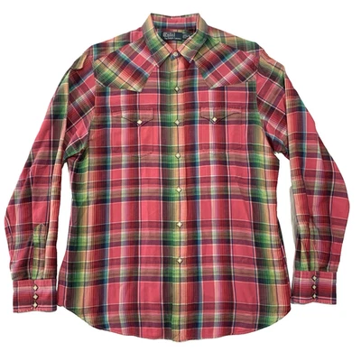 VTG Polo Ralph Lauren Western Diamond Pearl Snap Shirt Plaid Linen Blend -Size L - Image 1 of 4