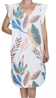 Vestido Cynthia Rowley Lino Costero Volantes Corto Flutter Slv Midi Talla 1X Tropical Foto 1 de 4