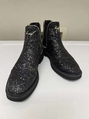 Giuseppe Zanotti 黑色闪光切尔西踝靴女式 7.5 码二手状况完好 Glam Rock — 第 1/4 张图片