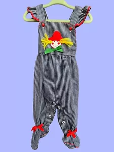 VINTAGE RETRO BABY SCARECROW FOOTIE ROMPER STRIPED OVERALLS SIZE 9 MONTHS - Picture 1 of 2