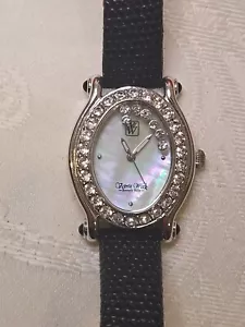 Victoria Wieck Womens Wrist Watch Black Leather Silver Case Floating Crystals - Picture 1 of 9
