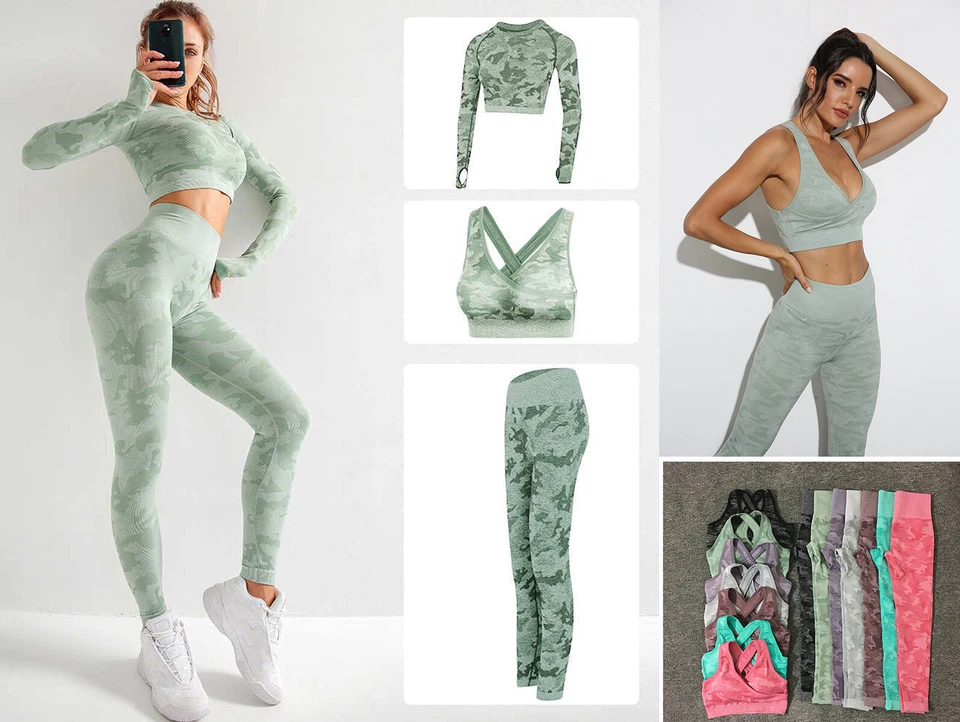 Women Seamless Camo Yoga Set Crop Top + Sports Bra + Pants Gym Tracksuit 3Pcs - Image 1 of 1