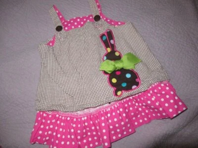 euc Peaches n' Cream reversible polkadot bunny applique dress baby girls 12 m - Image 1 of 2