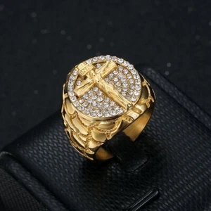 Iced Out Cross Ring Stainless Steel Plated Gold for Men hip hop Size 7-13 - Picture 1 of 9