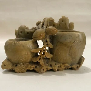 Hand Carved Chinese Soapstone 3 1/2" Double Vase Vine Leaves Beige Brown Signed - Picture 1 of 12