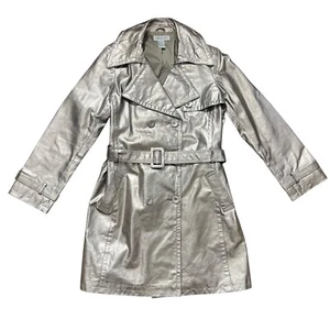 Vtg Newport News Leather Double Breasted Metallic Trench Coat Size 12 - Picture 1 of 18