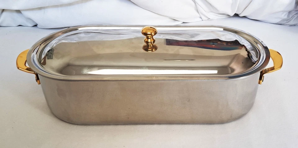 Bräter  SPRING Goldstar GL, Deckel Sieb Edelstahl Goldgriffe Fisch 35 x 15x 10cm - Bild 1 von 4