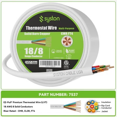 Cable de climatización termostato Syston 18/8 18 AWG 8C cobre CL3R blanco corte a pedido Foto 1 de 4